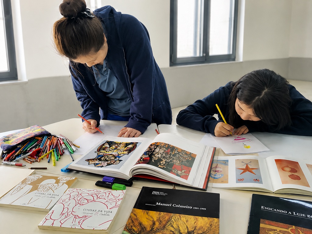 Estudiantes dibujando con libros de arte gallego en la biblioteca del colegio